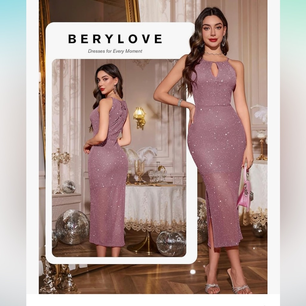 BeryLove Sequin Prom Wedding Guest Formal Cocktail Dress Spaghetti Strap Dress